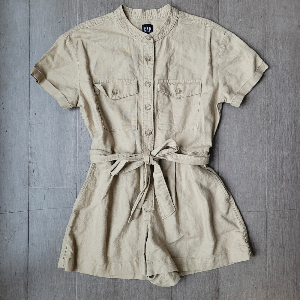 GAP Linen-Cotton Romper Tie Waist Pocket Front In Wicker Beige Size XS